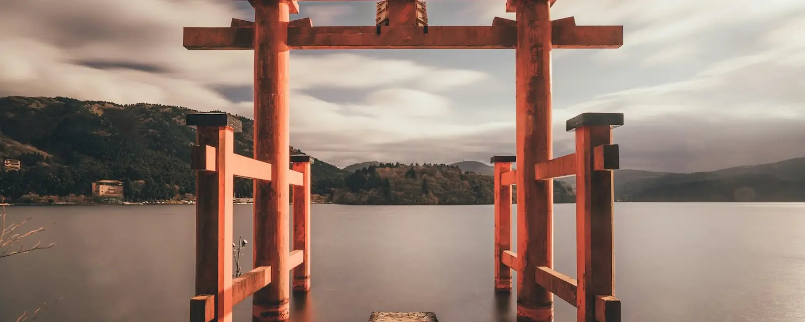 Torii gate of Hakone Shrine standing in Lake Ashi