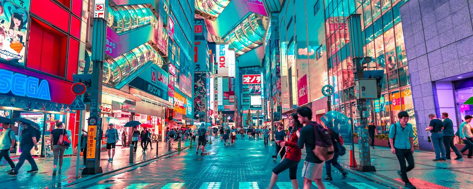 Neon-soaked electric town street in Akihabara, Tokyo