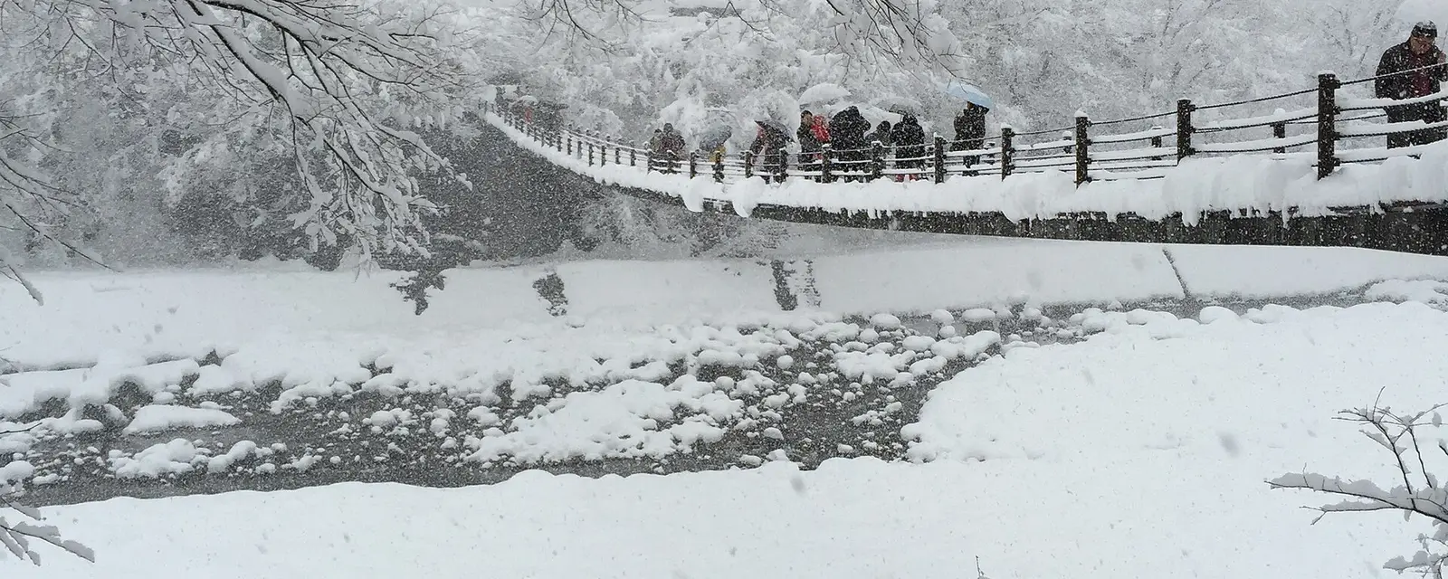 Snow falling over a bridge and frozen river at Shirakawa-go village
