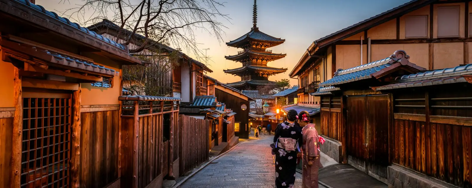 Yasaka Pagoda above a preserved street in Kyoto at dusk