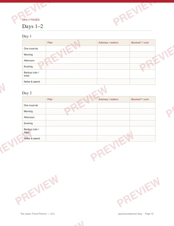 Daily planning page with must-do, morning, afternoon, evening and backup rows